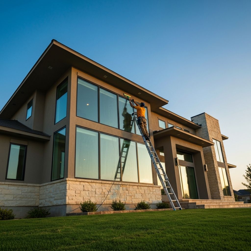 Professional window cleaner washing large windows on a home in Lubbock, Texas